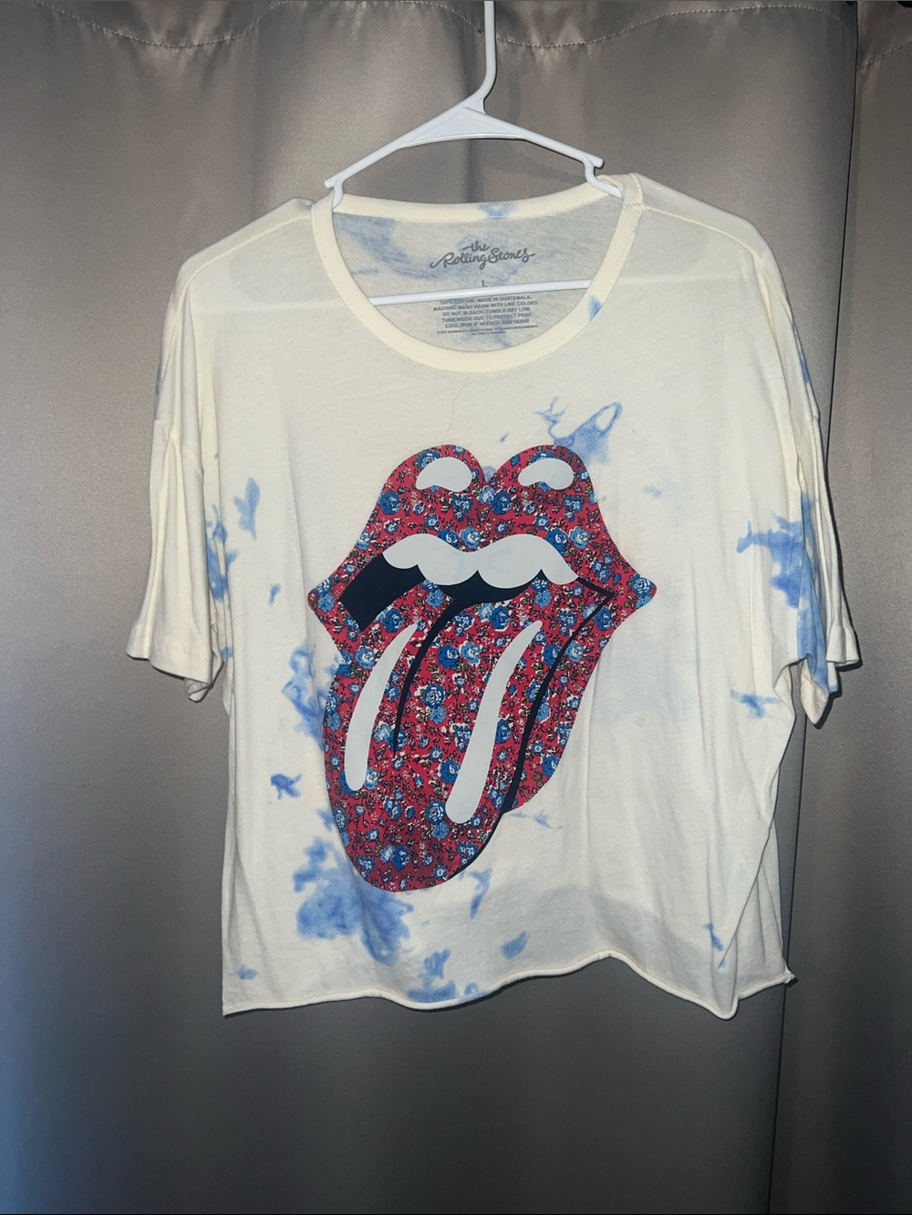 The Rolling Stones Cream Tee with Red Floral Tongue and Blue Tie-Dye